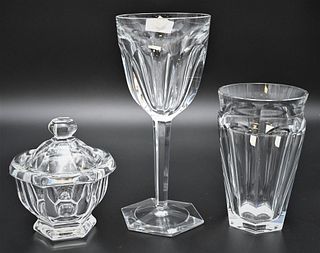 Three Piece Baccarat Crystal Group, to include a large chalice; covered candy; along with a vase; tallest 10 inches.