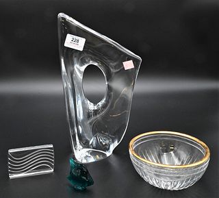 Four Piece Group of Glass, to include a Daum Nancy Monumental freeform vase, height 11 3/4 inches; Lalique blue fish; Lalique paperweight; along with 