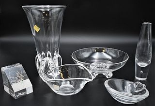Six Piece Steuben Lot, to include a four footed bowl, candy dish, ash tray, two vases and a paperweight, tallest height 10 inches.