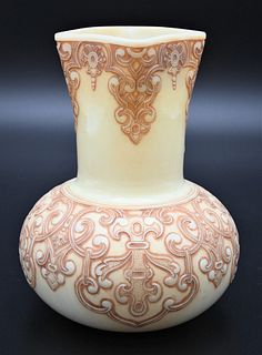 Thomas Webb & Sons Art Glass Vase, having square top and high relief etched design, marked Thomas Webb & Sons on bottom, height 7 1/2 inches, Provenan