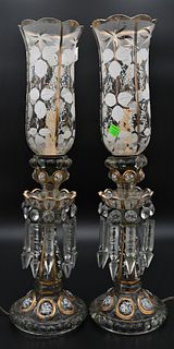 Pair of Hurricane Lamps, having enamel decoration, attributed to Baccarat, height 21 1/2 inches, Provenance: Estate of James Dana English of New Haven