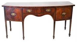 George III Mahogany Sideboard, having center drawer, flanked by door and bottle drawer on square tapered legs, circa 1800, height 36 inches, top 27 1/