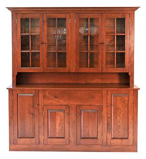 D.R. Dimes Cherry Stepback Cabinet in Two Parts, upper section having four glass doors, on lower cabinet a drawer and four doors, height 79 inches, wi