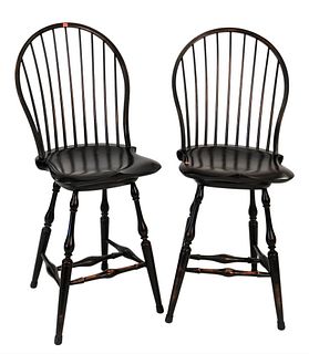D.R. Dimes Pair of Bar Stools, on swivel bases, height 46 inches, seat height 26 inches.