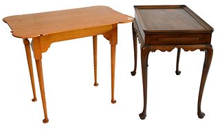Two Piece Lot to include, Eldred Wheeler Tiger Maple Queen Anne Style Tea Table, having shaped top, height 27 inches, top 22 x 32 1/2 inches; along wi