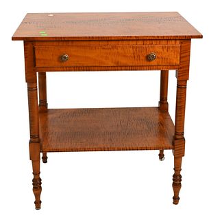 Tiger Maple Sheraton Style Stand, having one drawer, attributed to Leonard's, height 30 inches, top 18 x 28 inches.