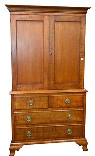 Leonard's Custom Tiger Maple Two Part Cabinet, having two doors opening to shelves, on base with two over two drawers, height 81 inches, upper case wi