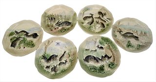 Set of Six French Higgins Seiter Majolica Bunny Rabbit Plates, diameter 8 1/2 inches.