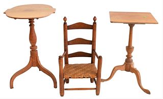 Three Piece Lot, to include two Federal candle stands, one with shaped top; along with a child's ladder back chair, 26 inches, Provenance: Fifty Year 