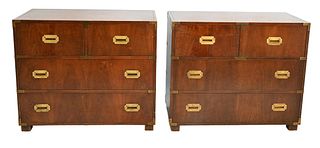 Baker Four Piece Lot, to include two campaign style two-over-two chests; a two drawer chest; along with a two drawer stand; largest height 32 inches, 