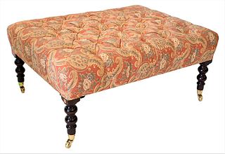 George Smith Ottoman, having tufted upholstery top, on turned legs, original upholstery, height 19 inches, top 32 x 42 inches.