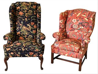 Pair of Chairs, to include Baker chippendale style upholstered wing chair, height 45 inches, width 33 inches, very clean condition; along with a Queen