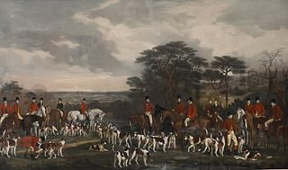 After Francis Grant (Scottish, 1803 - 1878), "Sir Richard Sutton and the Quorn Hounds", lithograph in colors on paper, inscribed in plate throughout t