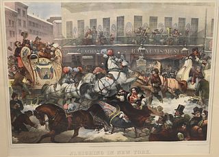 Thomas Benecke (1850 - 1860), Sleighing in New York, original hand colored lithograph, winter scene on Broadway in front of Barnum's Museum, depicting