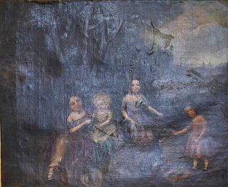 Continental School, children in pastoral scene, oil on canvas, 19th century, unsigned, 25 x 30 inches.