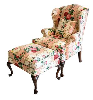 Queen Anne Style Wing Chair and Ottoman, height 44 inches, Provenance: From the Robert Circiello Collection, West Hartford, Connecticut.