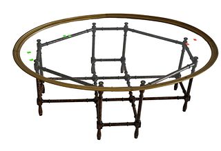 Brass, Wood and Glass Coffee Table, height 16 inches, top 31 x 45 inches.