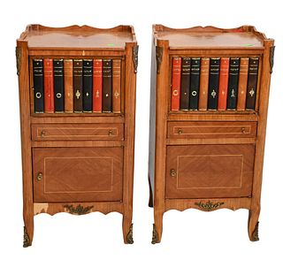 Pair of French Style End Tables, each with faux book doors, one with veneer loss, height 27 3/4 inches, top 11 x 14 1/2 inches.
