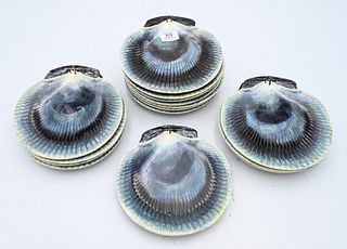 Set of 15 Bordallo Pinheiro Majolica Oyster Plates, marked Made in Portugal, diameter 8 1/2 inches.