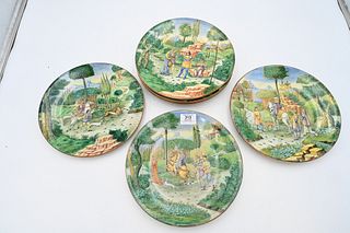 Set of Seven Cantagalli Majolica Italian Faience Scenic Plates, 19th or 20th century, diameter 10 1/4 inches.
