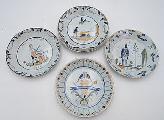 Set of Six French Faience Plates, having different painted scenes, to include winged figure and tombstone "Pagon"; "Jeanne Charbonnier, 1789"; soldier
