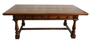Large Walnut Library Table, having two drawers on turned legs with stretcher base, height 32 inches, top 40 1/2 x 84 inches.