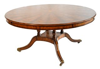 Round Mahogany Table on Single Pedestal Base, having center star inlay, (water stains on top), height 30 inches, diameter 64 inches; separate surround