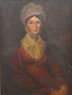 English Portrait of a Woman Wearing a Bonnet, oil on canvas, unsigned, 31 x 24 inches.