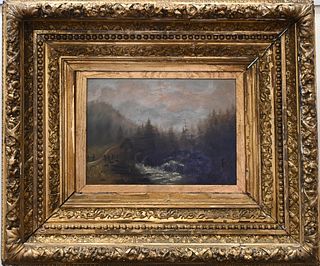 Landscape with River and Watermill, oil on board in Victorian gilt frame, unsigned, 8 1/2 x 12 inches.