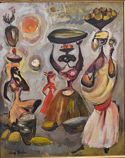 Adolf Arthur Dehn (1895 - 1968), "Caribbean Sun", oil on board depicting figures with fruit, signed lower left Adolf Dehn, 21 1/2 x 17 1/2 inches.
