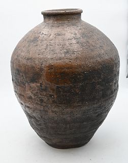 Large Stoneware Urn or Vase, brown glazed in bulbous form, height 22 inches, diameter 6 1/2 inches.