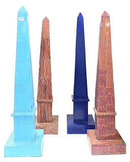Four Composition Obelisks, light blue, dark blue, and rainbow, stone veneer, heights 44 and 46 inches.