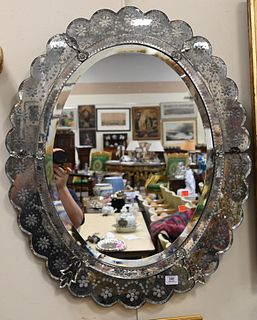 Venetian Mirror, having etched mirror frame, 36 x 30 inches.
