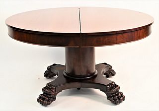 Round Victorian Mahogany Dining Table, having pedestal and claw feet along with two extra leaves, diameter 54 inches, 54 x 78 inches open