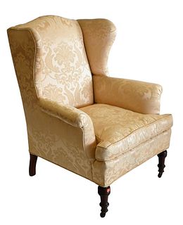 Victorian Wing Chair, having custom yellow silk Damask upholstery.