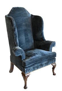 Three Chairs, to include a Chippendale style leather wing chair; a blue queen style wing chair; along with a Victorian slipper chair.