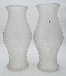 Pair of Cut and Frosted Victorian Hurricane Shades, having a hollyberry design, height 19 1/2 inches.