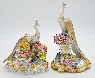 Pair of Royal Crown Derby Porcelain Peacock Figurines, height 8 1/2 and 6 1/2 inches.
