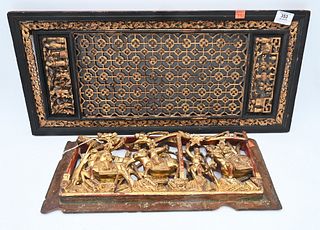 Two Chinese Carved Panels, to include one having gilt with carved figures on horseback, the other having gilt with geometric design, smaller panel hei
