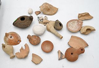 Group of Early Archaic Pottery, to include redware pottery oil lamp; bottle with figure or gladiator on a horse, possibly Roman; along with vases and 