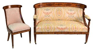 Four Piece Set, to include an inlaid settee having silk upholstery, length 53 inches; a pair of mahogany inlaid armchairs having custom upholstery; al