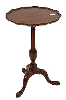 Margolis Mahogany Tip Kettle Stand, having pie crust edge on pedestal ending in tripod base, handwritten paper label "This table was made for Mr. & Mr