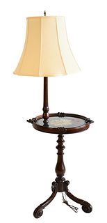 Rosewood Victorian Stand/Lamp, top with needlepoint under glass, circa 1860, table height 29 inches, diameter 19 inches.