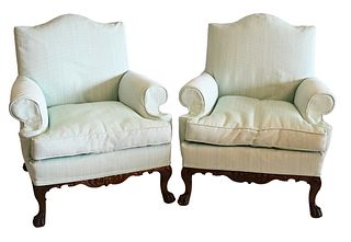 Pair of Mahogany Armchairs, having custom slipcovers, set on paw feet, like new, height 39 inches, width 35 inches.