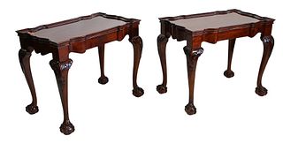 Pair of Mahogany Chippendale Style Tea Tables, having ball and claw feet, high gloss finish, height 28 inches, top 20 1/2 x 33 1/2 inches.