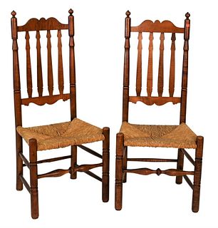Set of Eight Tiger Maple Custom Bannister Back Side Chairs, having rush seats, height 45 inches, width 20 inches, (maker unknown).