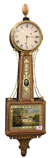 Mahogany Banjo Clock, having painted eglomise panels of George Washington on the neck and a house on the bottom panel, height 40 inches.