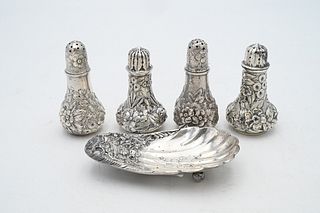 Group of Repousse Sterling, to include Jenkins sterling salt and pepper; Theodore Starr salt and pepper; along with a Jenkins & Jenkins small dish; 9.