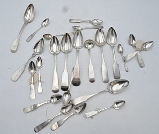 Group of Coin Silver Spoons, to include Claremont; Sargent Hartford; Brewer; Pitkin; Barrows; Newbury; Beehive mark; Dole; 17.9 t.oz, Provenance: Fift
