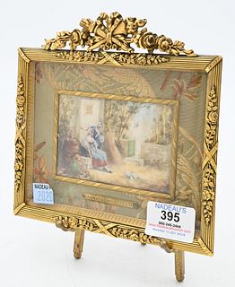 French Miniature Painting, two women and a cat feeding birds, "Charmante de Couverte", in brass frame, signed lower right A. Ritter?, frame height wit